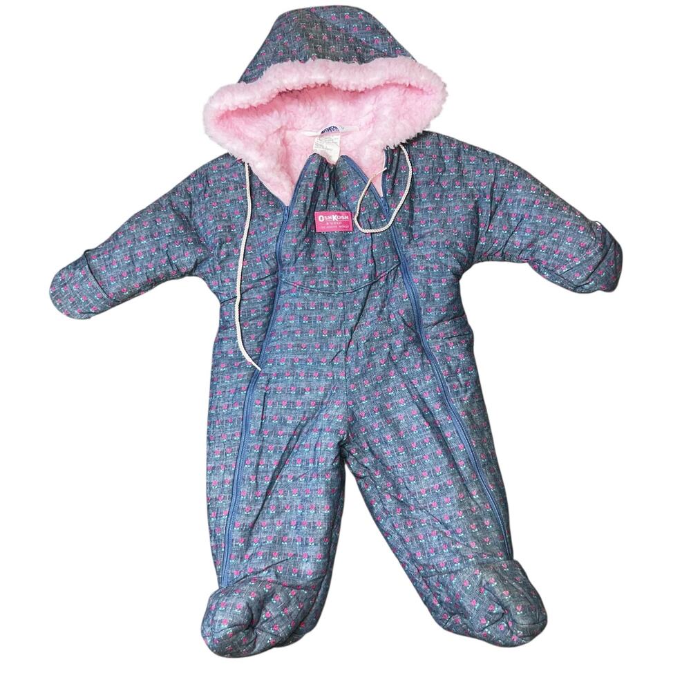 Vintage Osh Kosh B'Gosh pink tulip heart all over print fleece hooded snowsuit